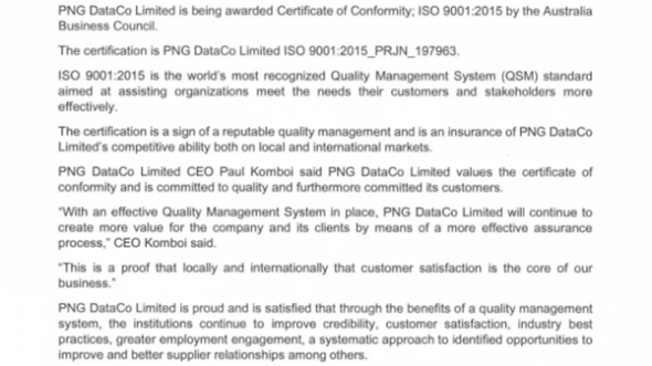 PNG DataCo Limited is being awarded Certificate of Conformity; ISO 9001 ...